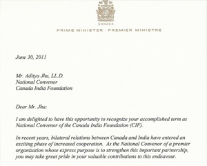 Letter of Commendation from Prime Minister Rt. Hon. Stephen Harper